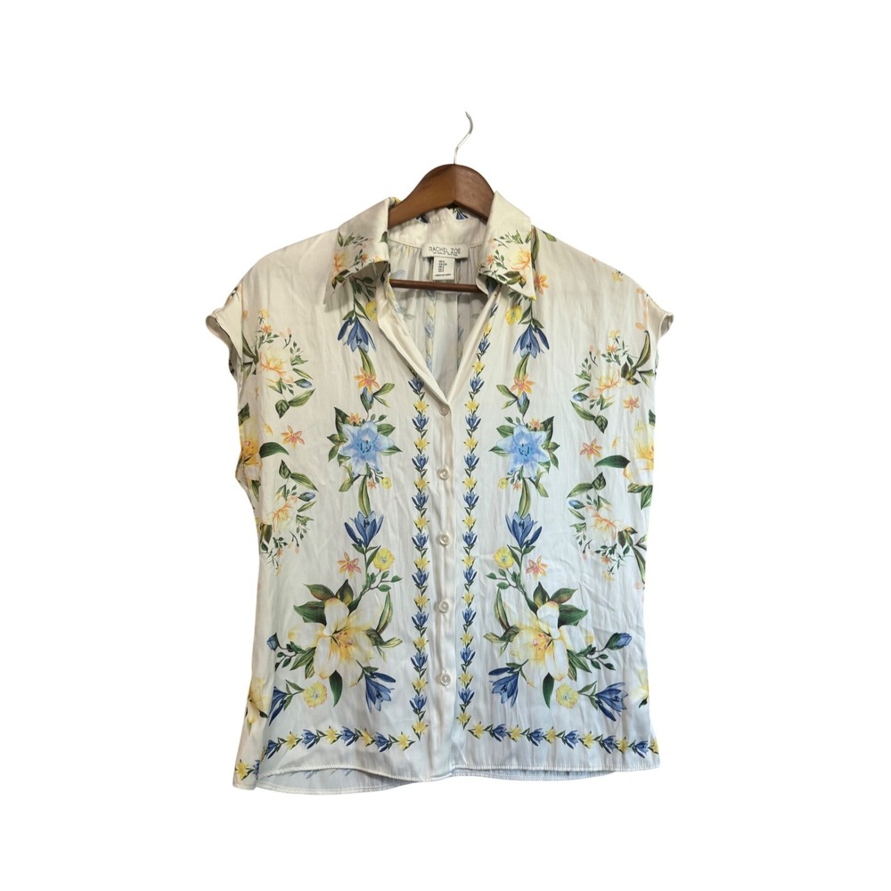 Rachel Zoe Floral Blouse Women S White Excellent Sleeveless Button Down Top